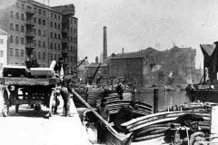 Keels moored in Leeds.
