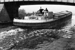 An unladen barge is passing under a bridge.