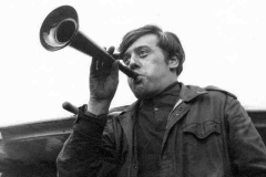 Peter L Smith blowing a bargees horn.