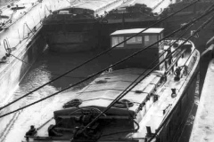 Numerous motor barges sitting on the silt of The Haven, Hull.