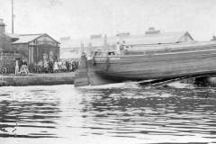 A barge being launched at Stanley Ferry.