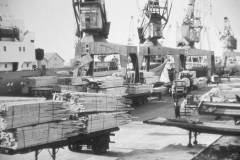 Timber being transferred to road-going vehicles.