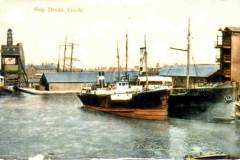 A colorized postcard, entitled Ships Dock, Goole.