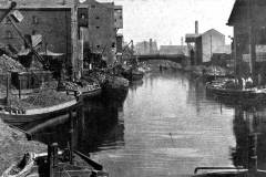 Numerous canal vessels on the River Aire in Leeds.