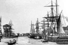 A postcard sketch of Goole's Railway Dock with numerous sailing ships.