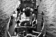 An overhead view of a tanker barge.