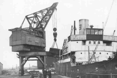 Loading coal into a steam collier from a railway wagon in Goole Docks.