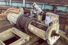 Humber keel Mayday\'s rotten wood and metal windlass.